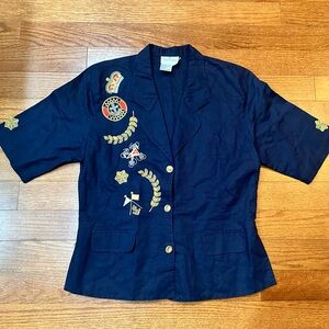 Vtg Carry Back Blue Ramie Nautical Blouse M